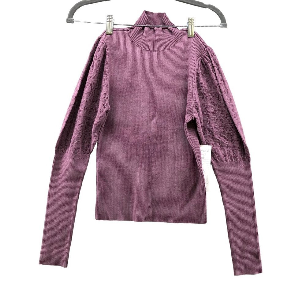NWOT Purple Balloon Puff Sleeve Ribbed Sweater Womens M Pointelle Turtleneck